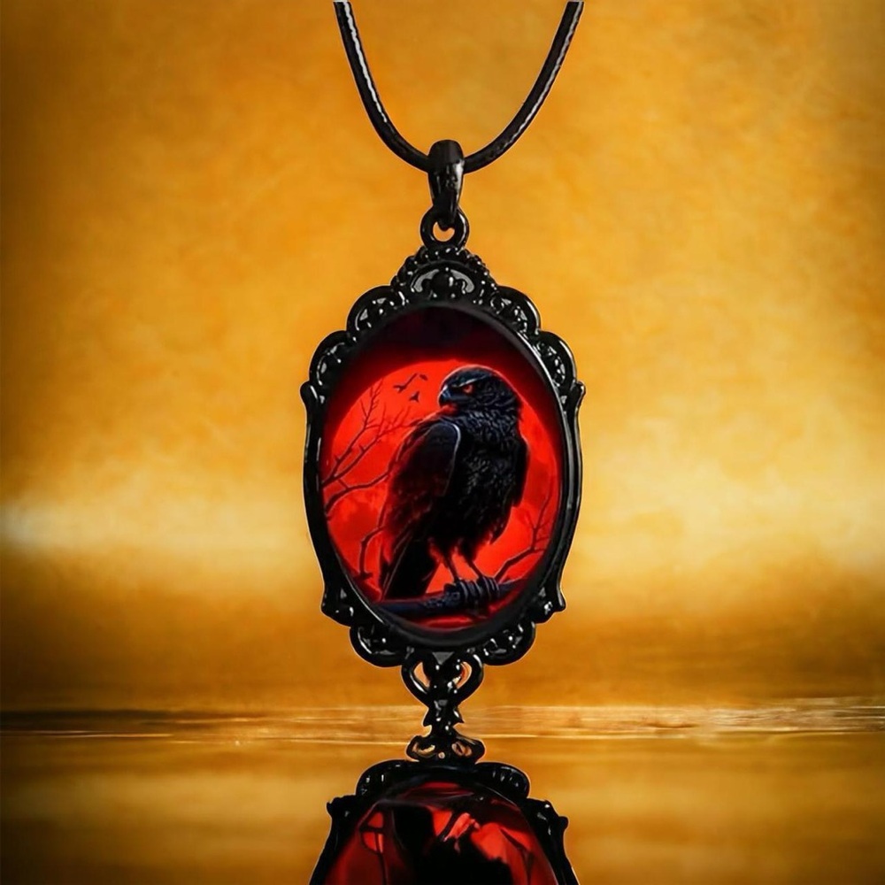 Gothic Crow Red Moon‎ Cameo Style Black Necklace Pendent